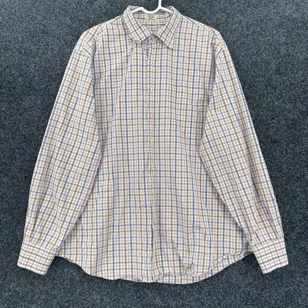 Peter Millar Weekender Wash Shirt Mens XL Plaid Cotton Button Down Purple Tan
